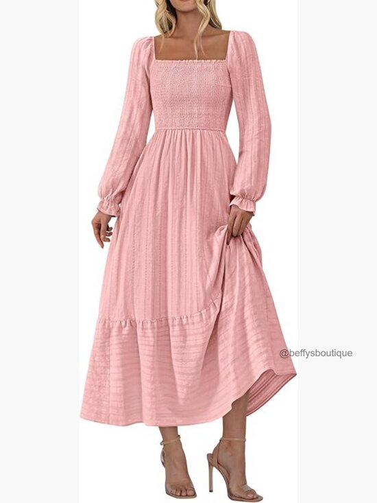 Dresses & Skirts - Square Neck Smocked Maxi Dress Long Sleeve Boho A-Line with Pockets